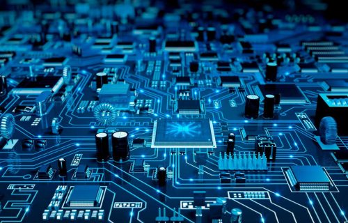 High angle view of a futuristic circuit board. Created exclusively for iStockphoto.