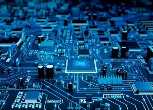 High angle view of a futuristic circuit board. Created exclusively for iStockphoto.